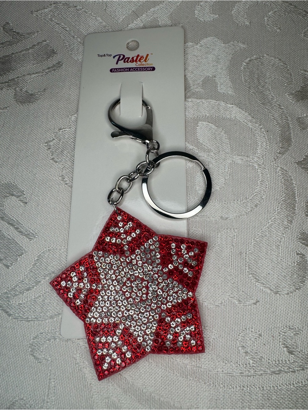 New PASTEL flat Red snowflake Crystal Keychain
